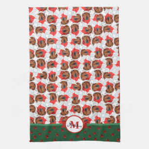 Roter Dachshund Muster Monogramm Weihnachten Hund Geschirrtuch