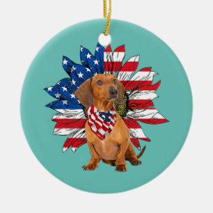 Roter Dachshund Sonnenblume Amerikanische Flagge Keramik Ornament