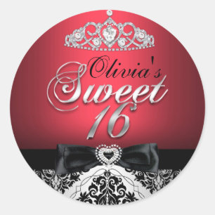 Roter Damast & Bogen Sweet Sixteen Aufkleber