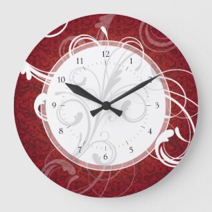 Roter Damast-eleganter Wirbel Große Wanduhr