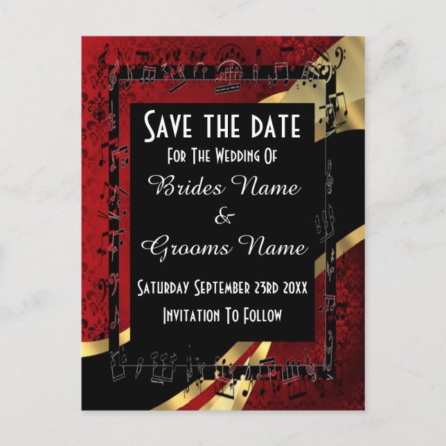 Roter Damast, Gold und Schwarz Save the Date Ankündigungspostkarte (Vorderseite)
