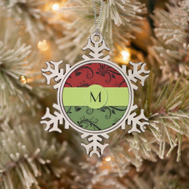 Roter Damast, grüner Damast, Monogramm Schneeflocken Zinn-Ornament (Baum)