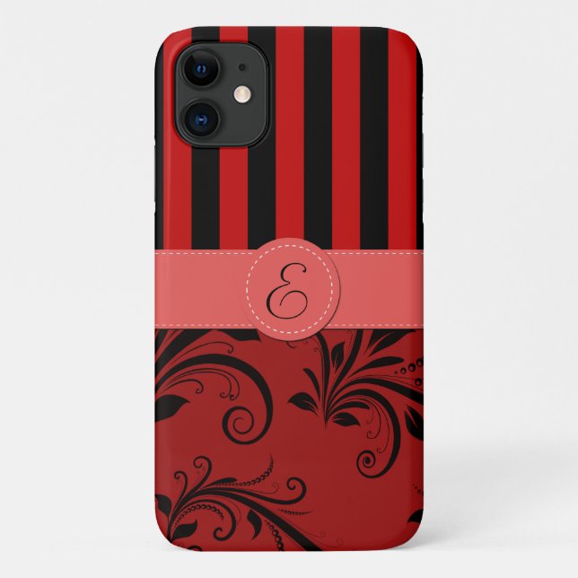 Roter Damast, rote Streifen, Streifen, Monogramm Case-Mate iPhone Hülle (Rückseite)