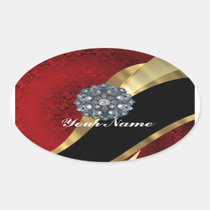 Roter Damast und Gold Ovaler Aufkleber