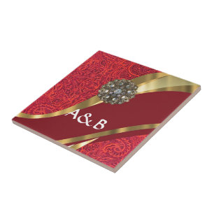 Roter Damast und Goldwirbel Fliese
