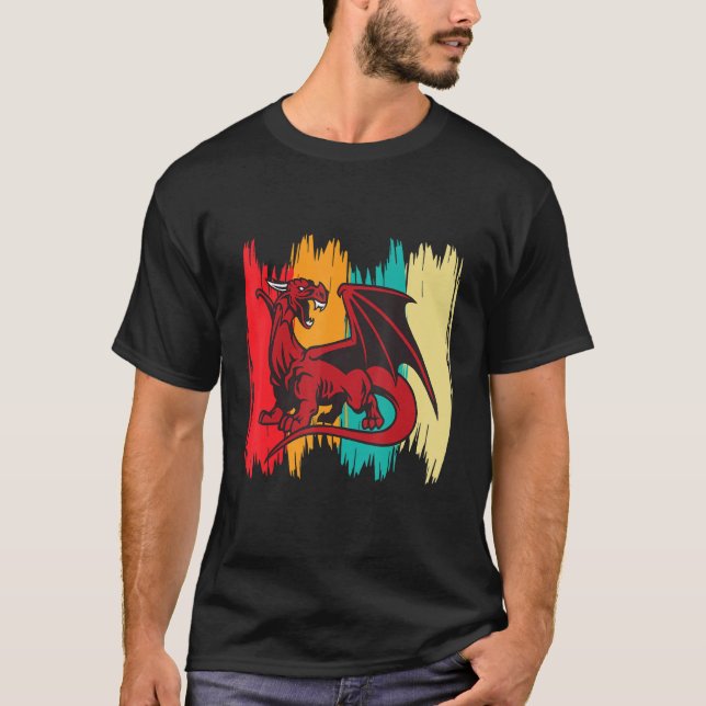 Roter Drache Retro Mythologie Mittelalter Ritter T-Shirt (Vorderseite)