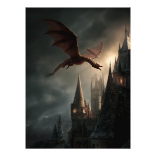 Roter Drache über gotischer Burg Fotodruck
