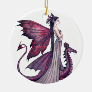 Roter Drache und Fantasy-Kunst der Feen Keramikornament