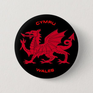 Roter Drache von Wales (Cymru), schwarze Rückseit Button