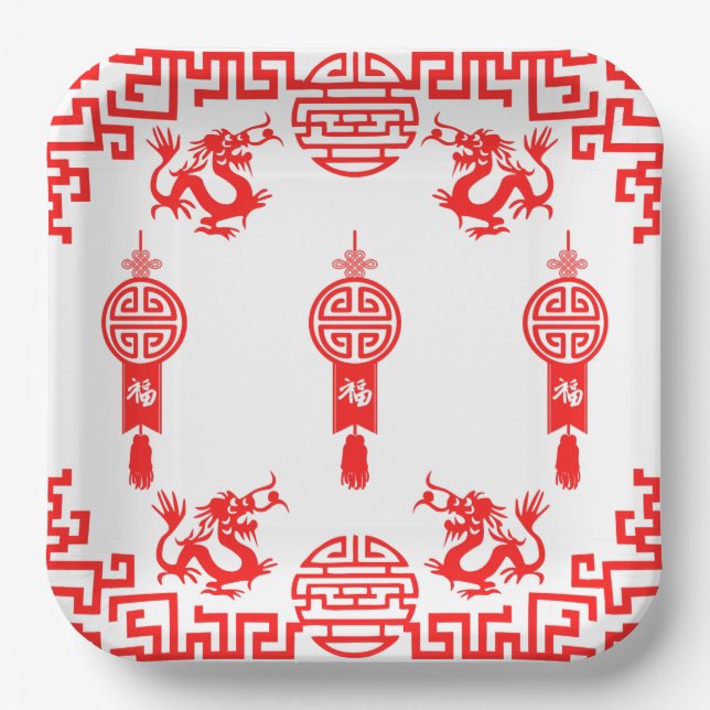 Roter Dragon Oriental Square Party Plate Pappteller (Vorderseite)