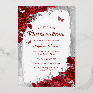 Roter Eleganter Blütenschmetterling Quinceanera Folieneinladung