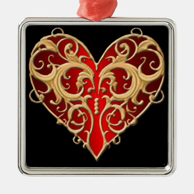 Roter Filigree Herzplatz Silbernes Ornament (Vorne)
