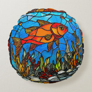 Roter Fisch Glasmalerei-Geschenk für Meeresliebhab Rundes Kissen