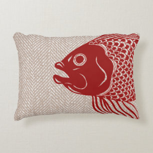 Roter Fischkopf und Taupe Herringbone Dekokissen