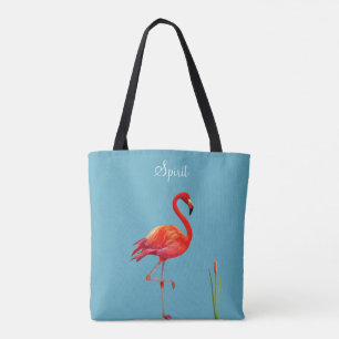 Roter Flamingo auf Hellblau Tasche