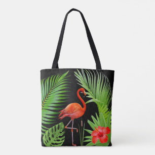 Roter Flamingo, Hibiskus & Palmwedel auf Schwarz Tasche