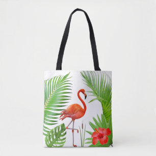 Roter Flamingo, Hibiskus & tropische Palmblätter Tasche