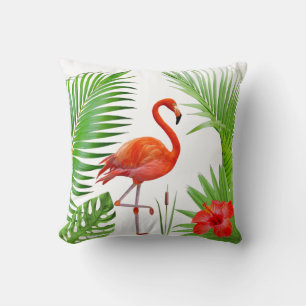 Roter Flamingo, Hibiskus & tropische Palmwedel Kissen