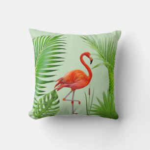 Roter Flamingo & tropische Palmblätter auf Grün Kissen