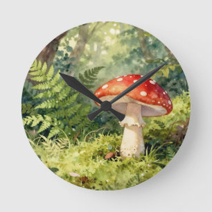 Roter Fliegenpilz Wasserfarben Waldszene Runde Wanduhr