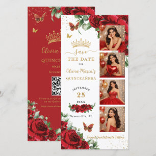 Roter floraler goldener Fotoautomaten-Quinceanera- Save The Date