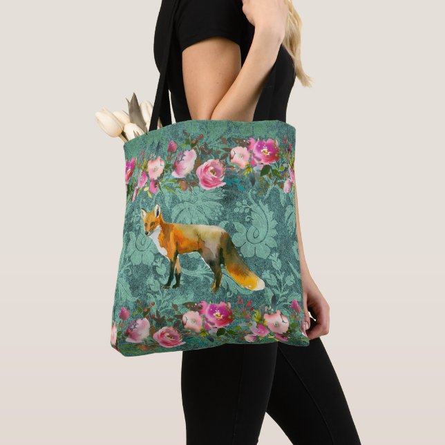 Roter Fox auf grünem Damast-Druck mit rosa Rosen Tasche (Von Nahem)