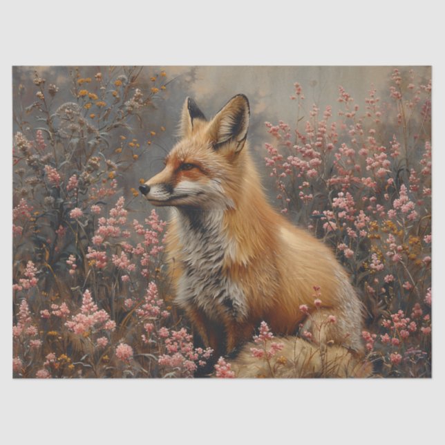 Roter Fox mit rosa Wildblumen Decoupage Seidenpapier (Vorderseite)