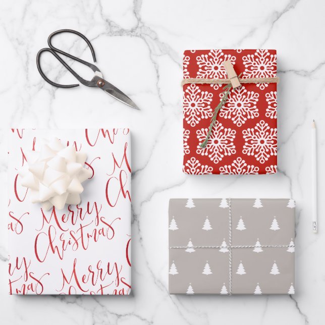 Roter Frohe Weihnachten Schneeflocken Weihnachten  Geschenkpapier Set (Vorderseite)