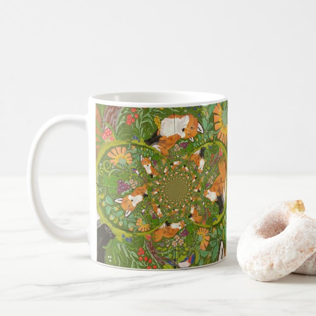 Roter Fuchs im Grünen Fraktal der Folklorekunst Kaffeetasse (Mit Donut)