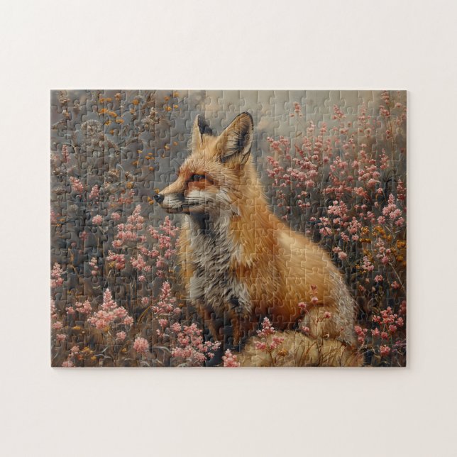 Roter Fuchs mit rosa Wildblumen Malerei (Horizontal)