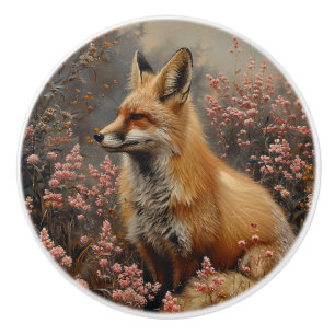 Roter Fuchs mit rosa Wildblumen Malerei Keramikknauf