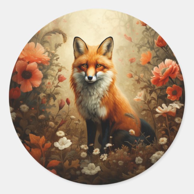 Roter Fuchs mit wilden Blume. Runder Aufkleber (Vorderseite)