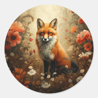 Roter Fuchs mit wilden Blume. Runder Aufkleber