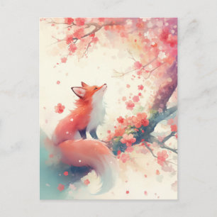 Roter Fuchs unter rosa Kirschblüte Postkarte