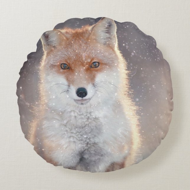 Roter Fuchs, Winterwald, landschaftliche Illustrat Rundes Kissen (Vorderseite)