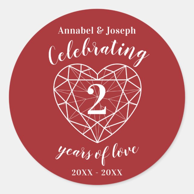 Roter Garnetjubiläum 2 Jahre Liebe-Aufkleber Runder Aufkleber (Vorderseite)