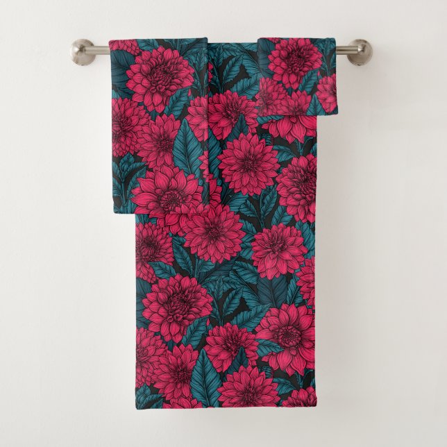 Roter Garten Dahlia/blaue Blätter Badhandtuch Set (Insitu)