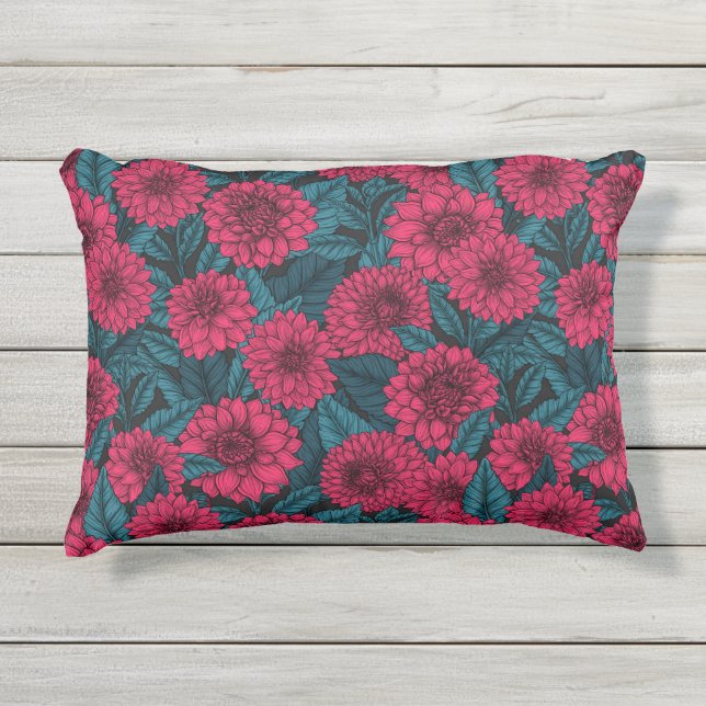 Roter Garten Dahlia/blaue Blätter Kissen Für Draußen (Vorderseite)