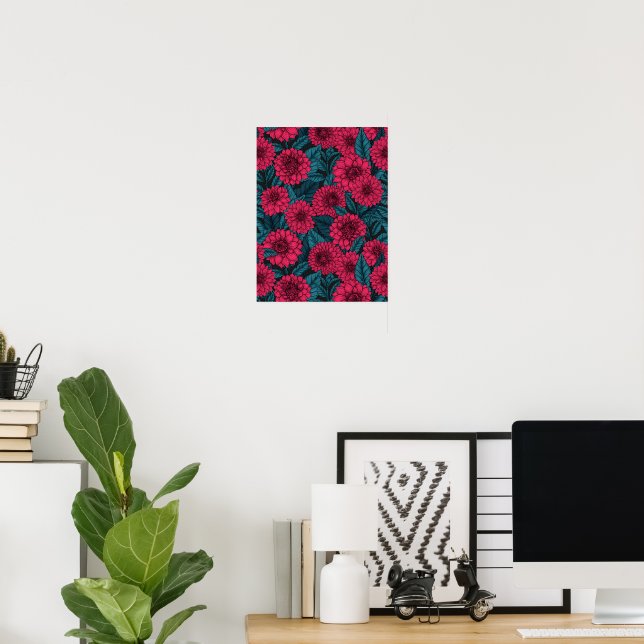 Roter Garten Dahlia/blaue Blätter Poster (Heimbüro)