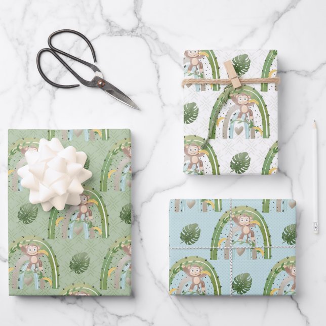 Roter Gelber Affenbaum Rainbow Baby Dusche Geschenkpapier Set (Vorderseite)