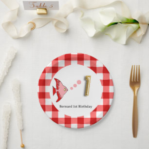 Roter Gingham-Goldfolien-Ballonfisch zum 1. Geburt Pappteller