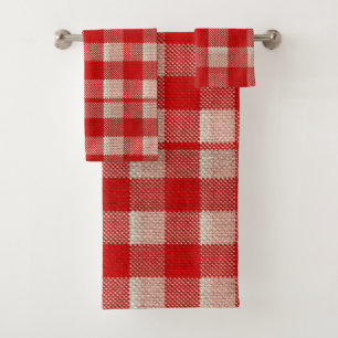 Roter Gingham-karierter Muster-Leinwand-Blick Badhandtuch Set