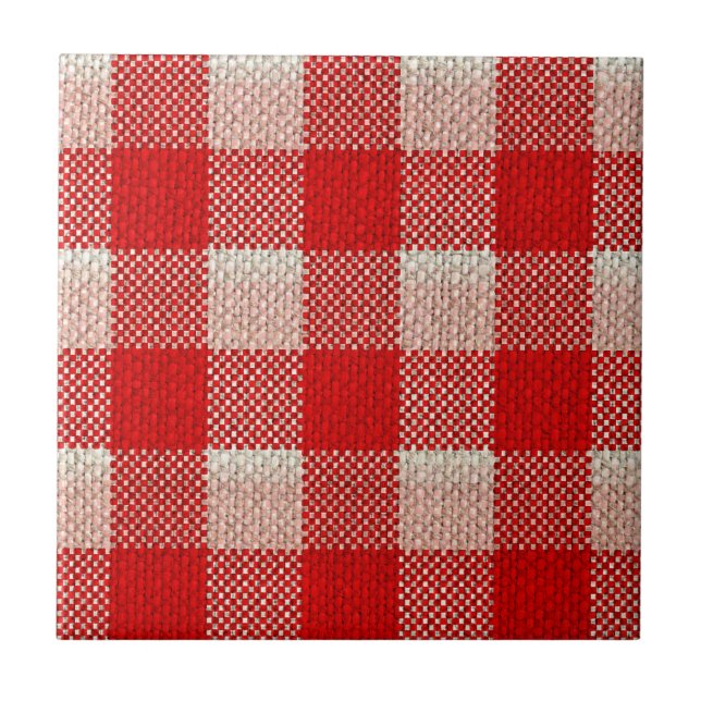 Roter Gingham-karierter Muster-Leinwand-Blick Fliese (Vorderseite)