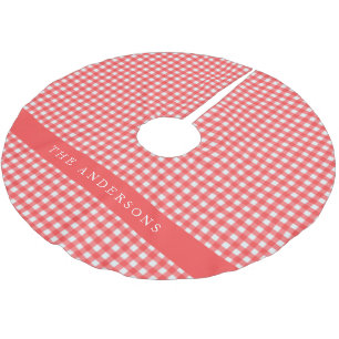 Roter Gingham-Karo personalisierter Familienname F Polyester Weihnachtsbaumdecke