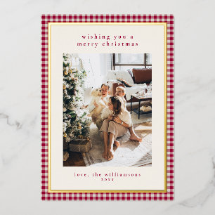 Roter Gingham-Karo-Porträtfoto Weihnachten Gold Folien Feiertagskarte