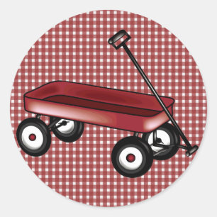 Roter Gingham mit Wagen Runder Aufkleber