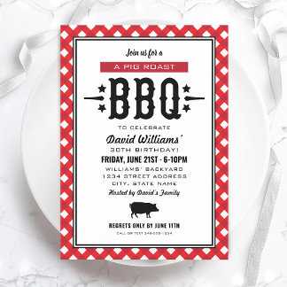 Roter Gingham-Schweinebraten-Geburtstags-Grillfest Einladung