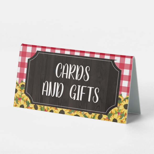 Roter Gingham & Sonnenblumen Karten und Geschenke Tischaufsteller (Vorderseite)