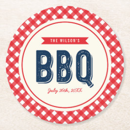 Roter Gingham und blaue Sommer GRILLEN Runder Pappuntersetzer