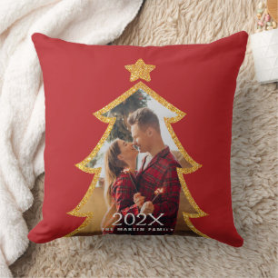 Roter glänzender Weihnachtsbaum personalisiertes F Kissen